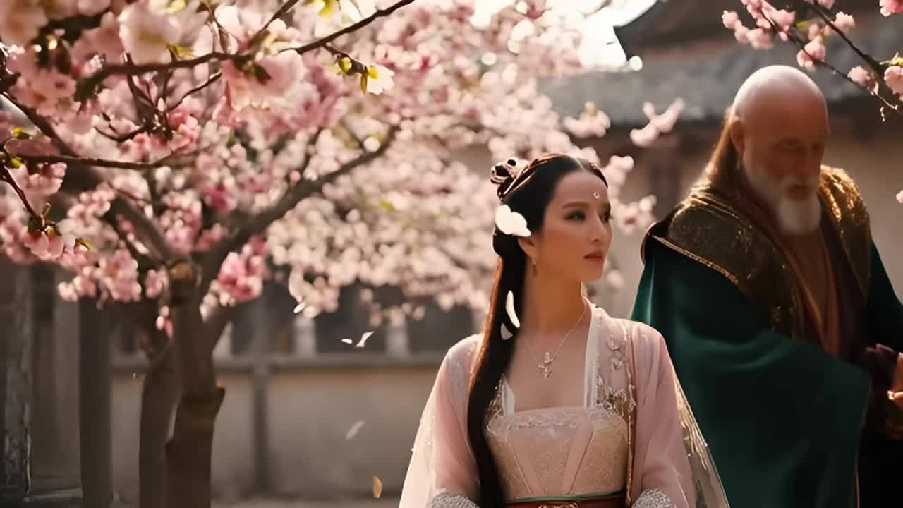 一位身着古装的女子站在一棵开满粉色花朵的树旁。镜头