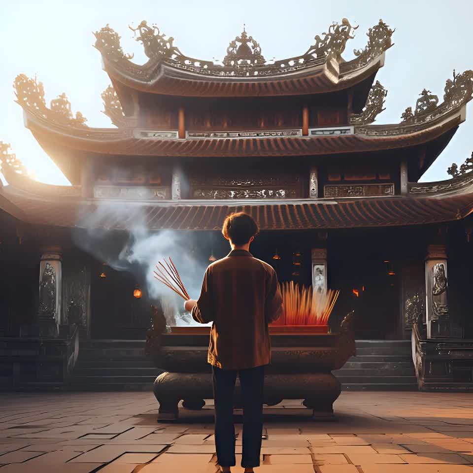 一位年轻男子站在一座宏伟的古老越南寺庙前，他手持香