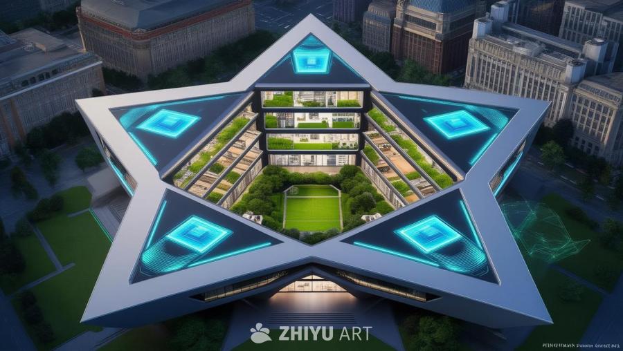 一座五边形的建筑，每个角上都有光滑的现代窗户和发光