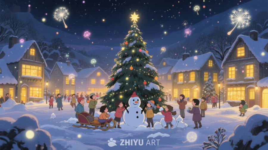 冬夜雪地里的圣诞树与欢聚 111