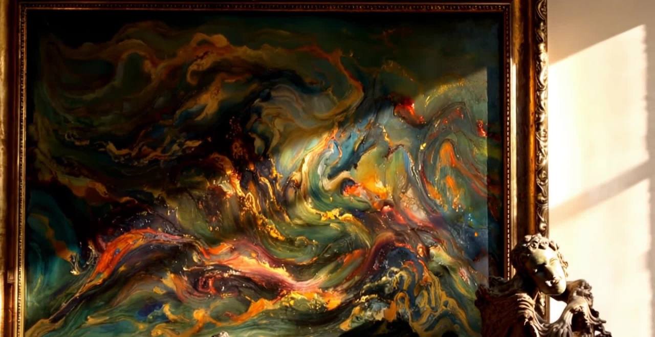 金色画框内的抽象画作与雕塑沐浴在光线中