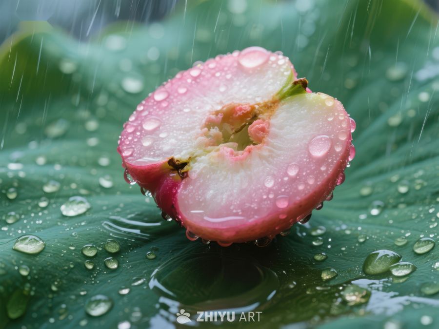 雨中莲叶上的苹果切片 759