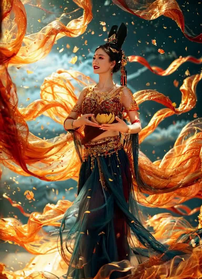 一位身着华丽服饰的女子站在画面中央。她头戴黑色发饰