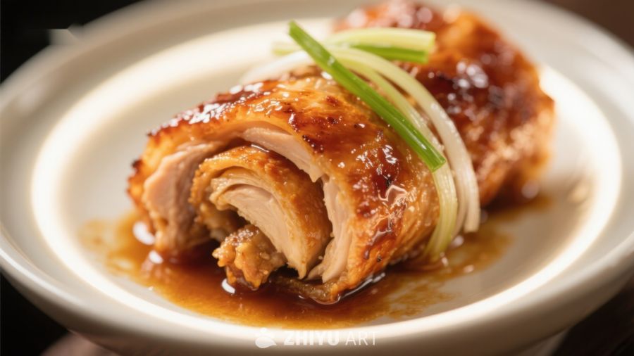 美味烤鸡，配以葱丝点缀