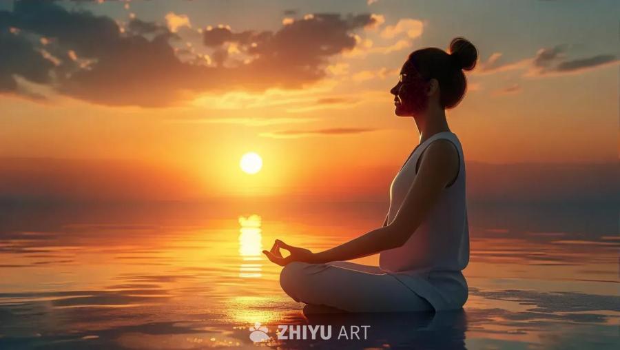 一个平静的人在黎明的柔和光线下冥想，此时太阳正在升