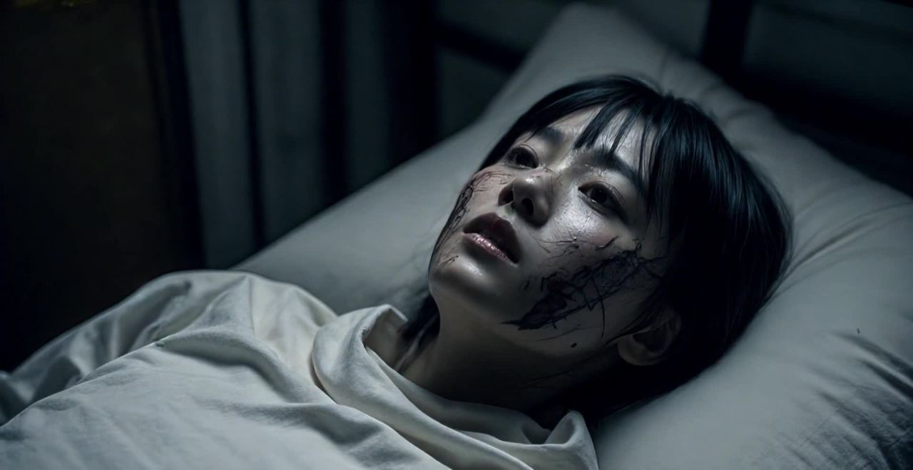伤痕累累的年轻女子躺在床上凝视天空