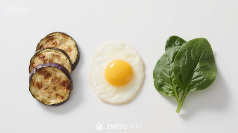 煎蛋配茄子与菠菜