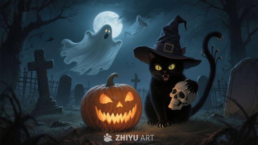 万圣夜墓地里的黑猫与南瓜灯
