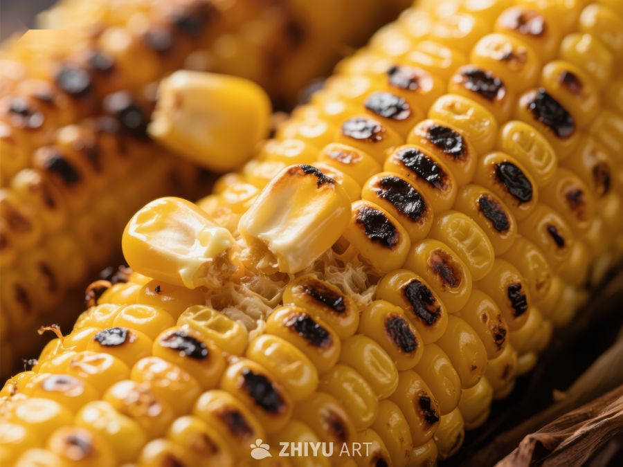 烤玉米特写，金黄焦香诱人