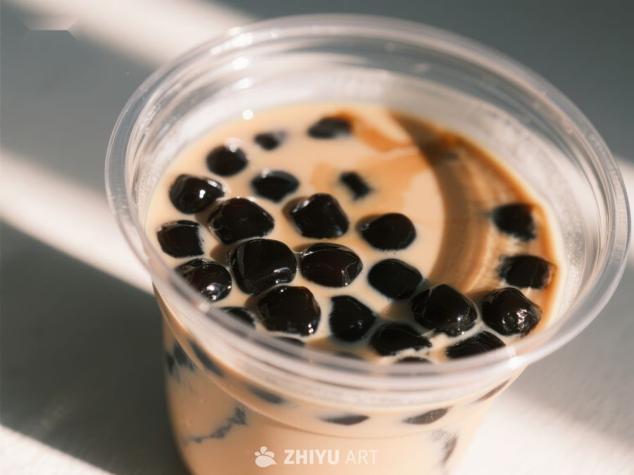 珍珠奶茶特写，阳光洒落