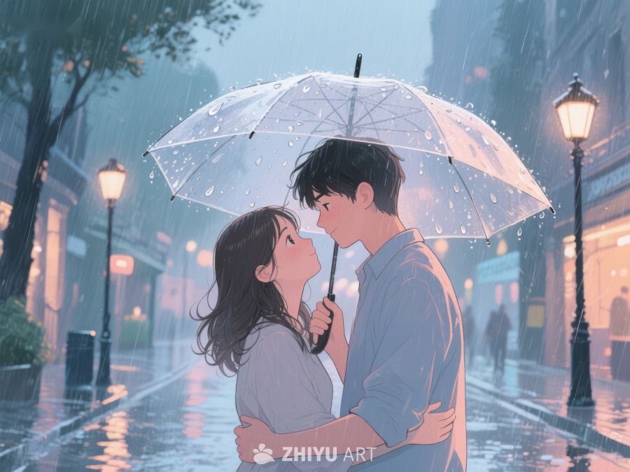 雨中情侣共撑伞温馨相拥 1090