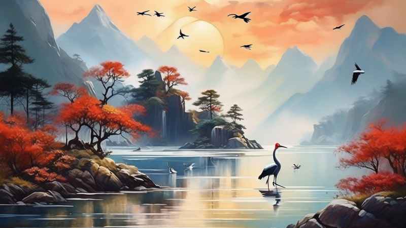 国风山水鹤插画背景 44