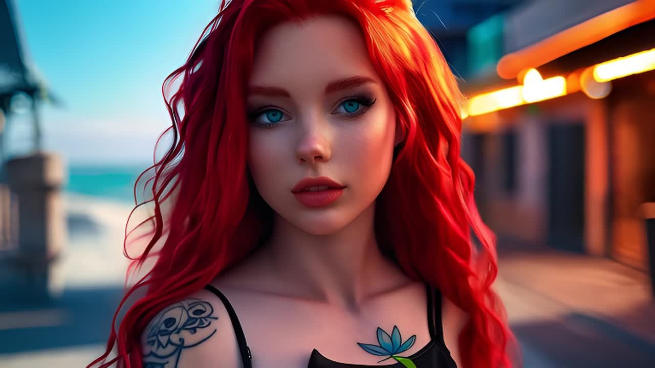 一个红头发的年轻女性，有着长长的卷发和蓝色的眼睛。