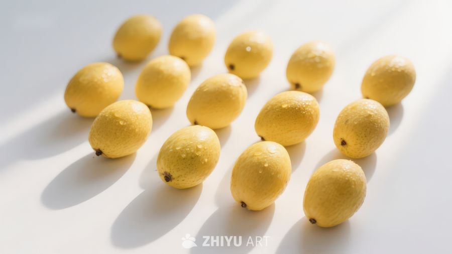 黄色果实排列在白色背景上