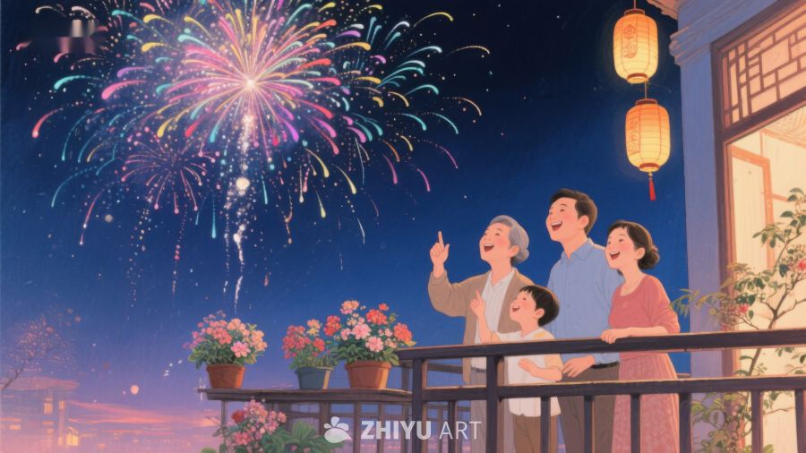 家人阳台共赏烟花夜景 49