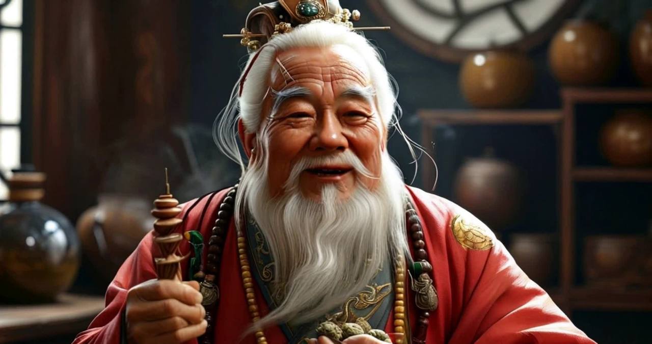 一位老者身穿红色服饰，头戴饰品，留着长长的白胡子，