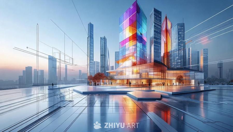 画面中呈现出多个高耸入云的建筑，建筑设计风格现代，