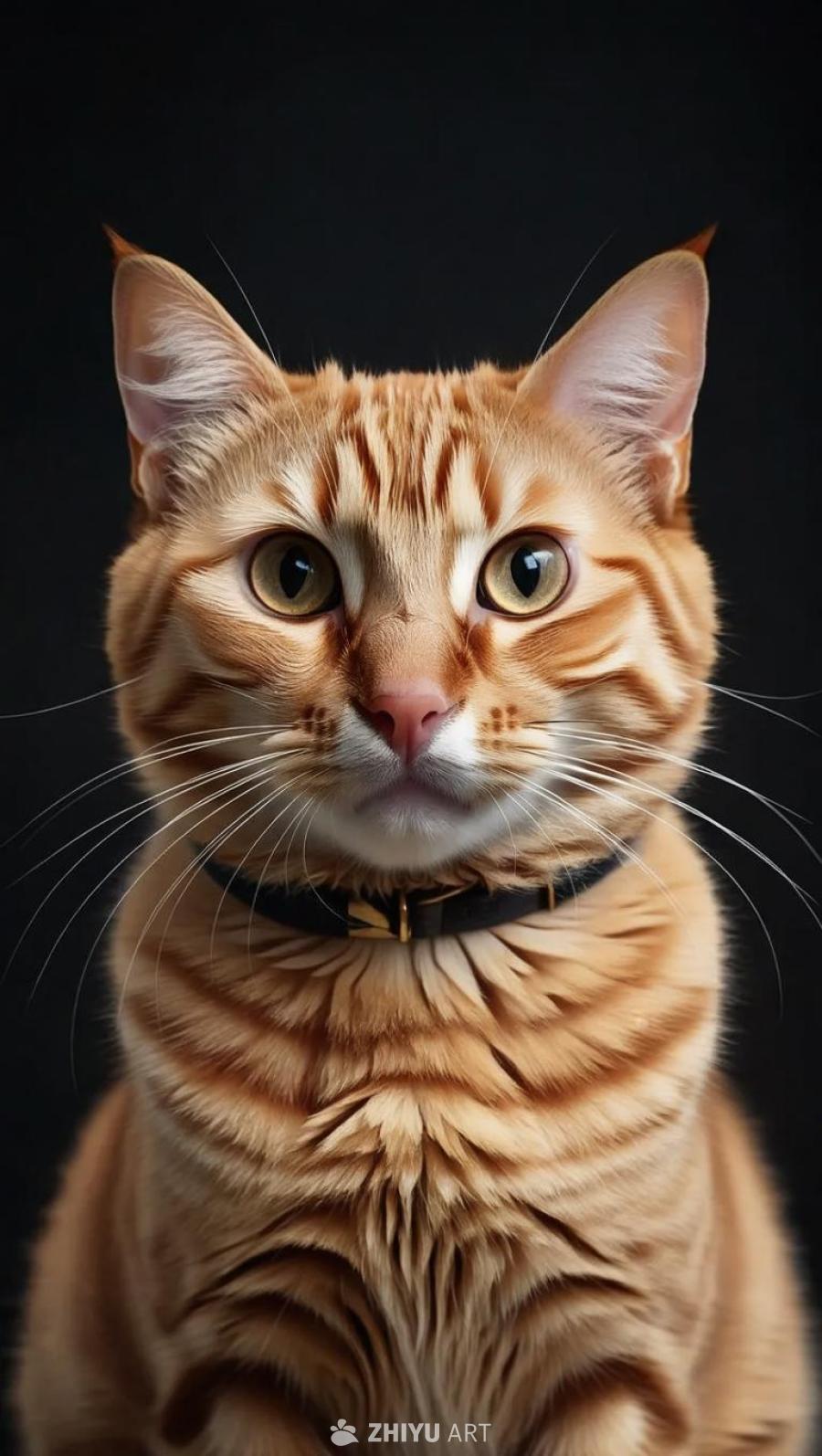 一只黄色虎斑猫，带着黑色项圈，项圈上有金色装饰，猫