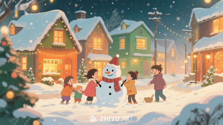 冬日雪景中孩子们与雪人互动 25