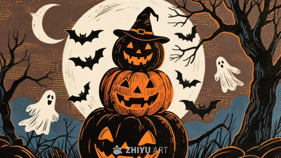万圣节南瓜灯与幽灵蝙蝠夜景