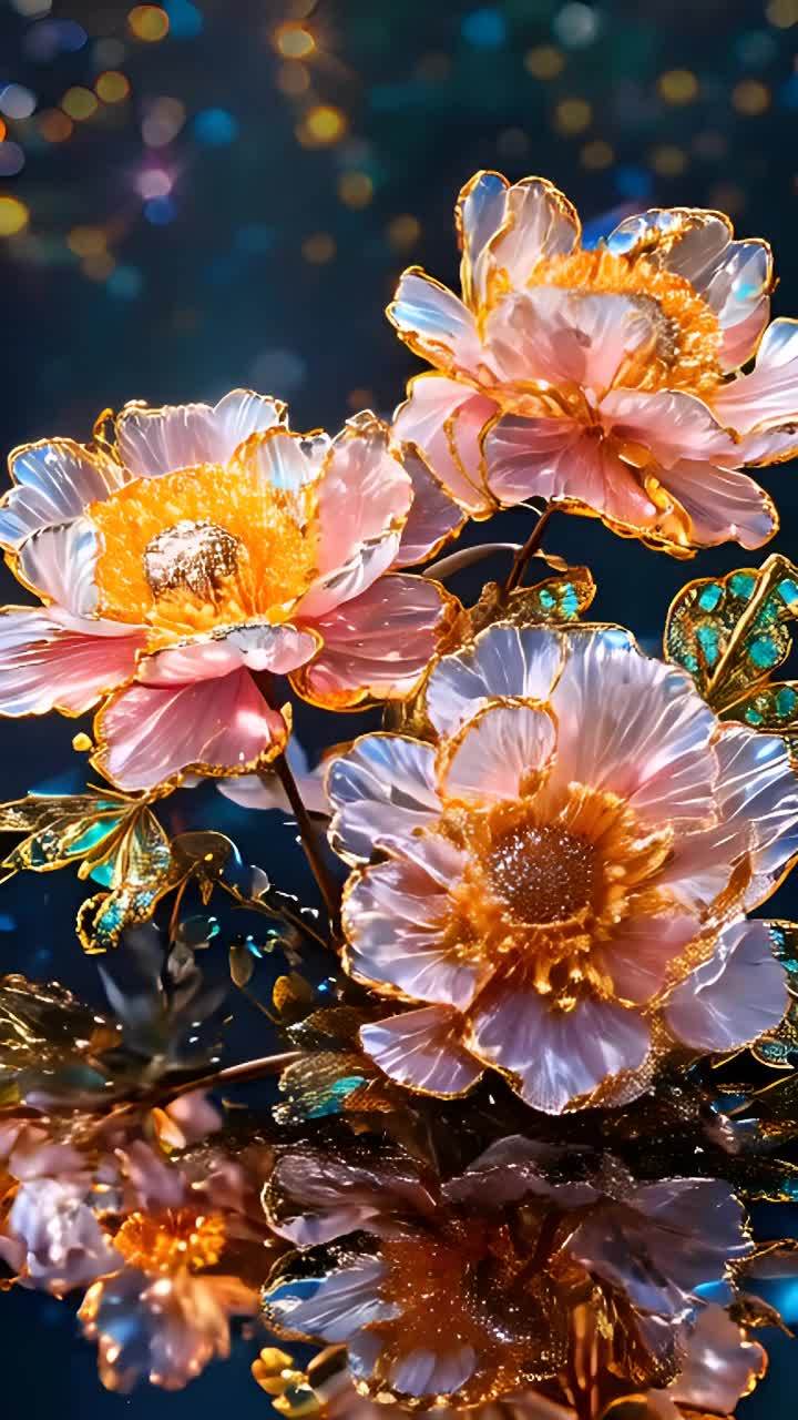 三朵花缓缓旋转，花瓣捕捉着柔和的微风。镜头缓慢地在