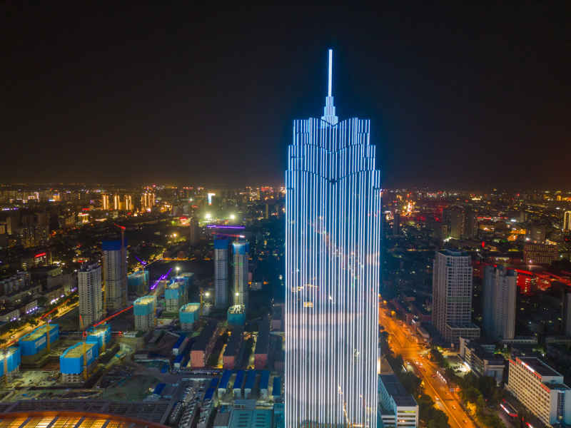 航拍保定万博广场高楼夜景