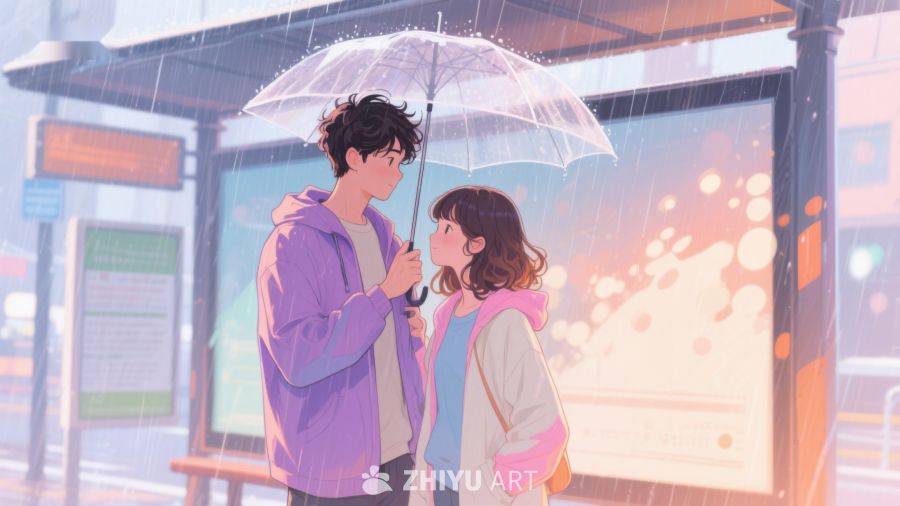 雨中站台，伞下温情 684