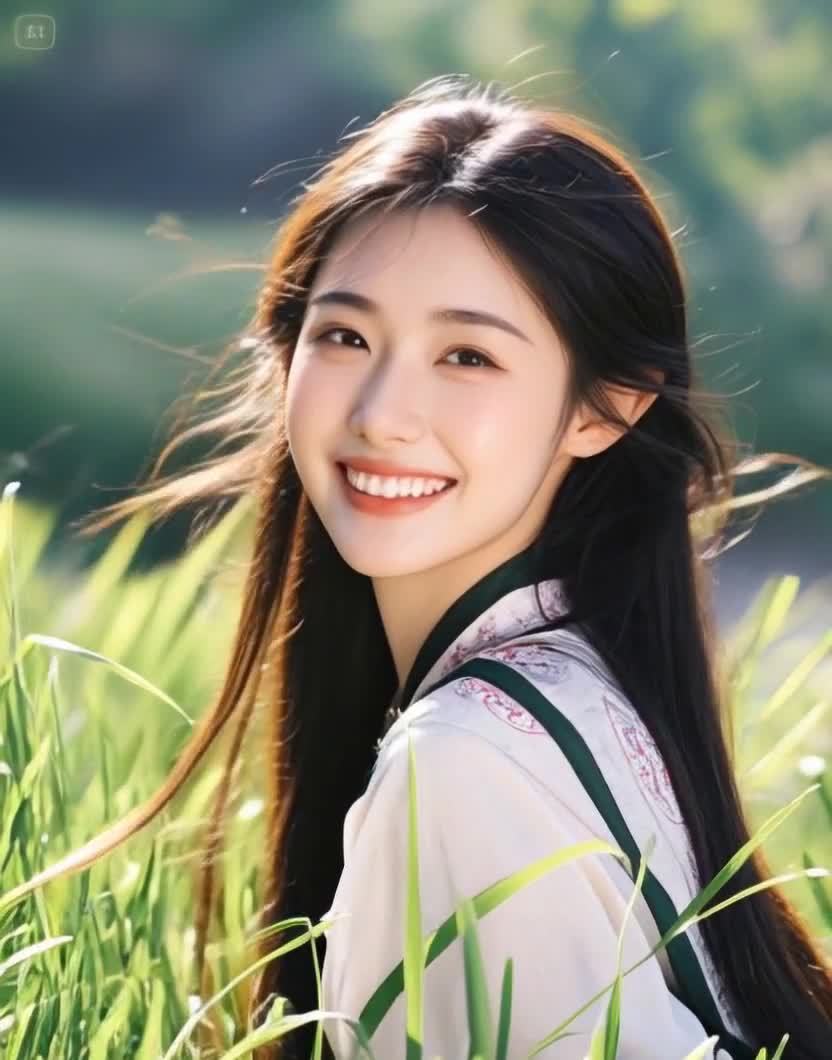 阳光下身着汉服的年轻女子在草地微笑