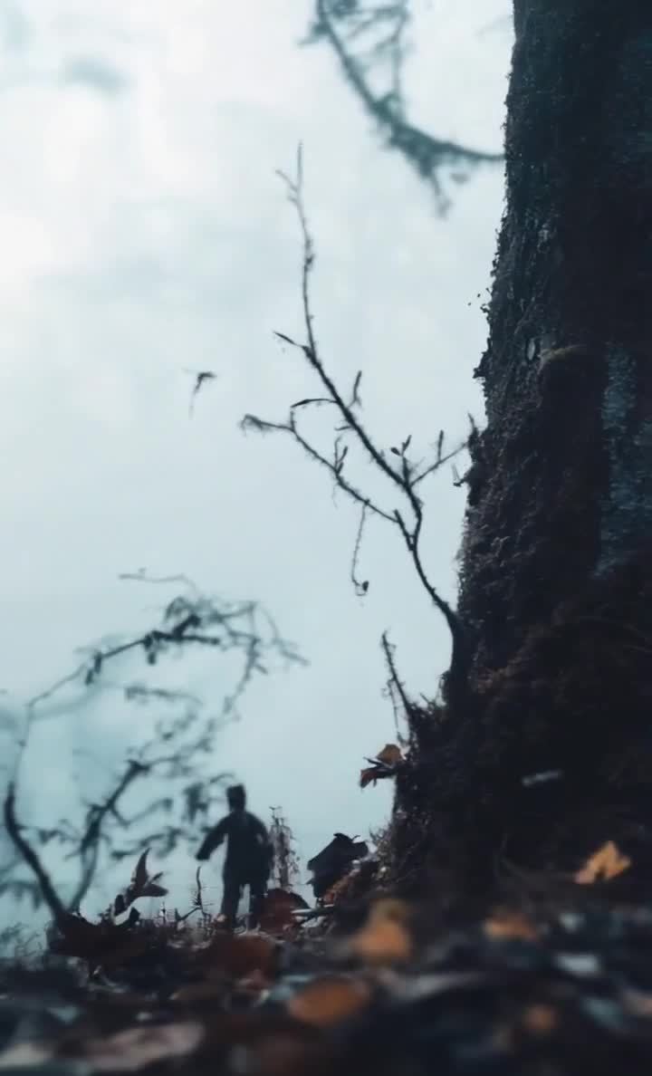 一棵树干粗壮的大树立于画面右侧，树干表面覆盖着苔藓