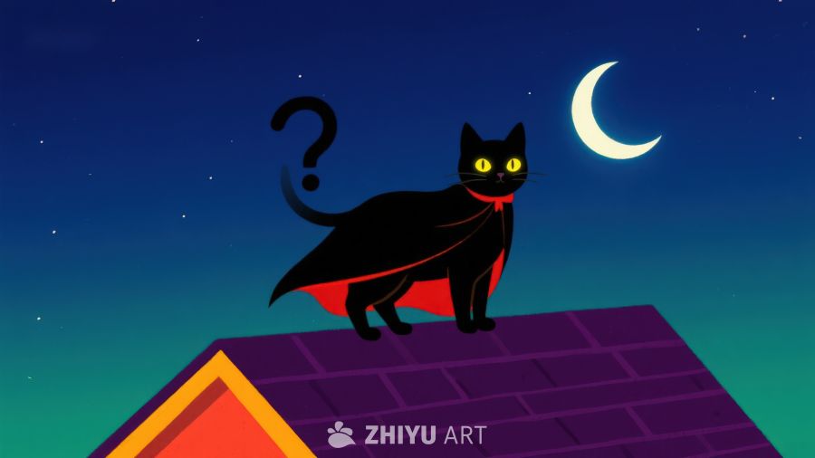 夜空下的黑猫与弯月