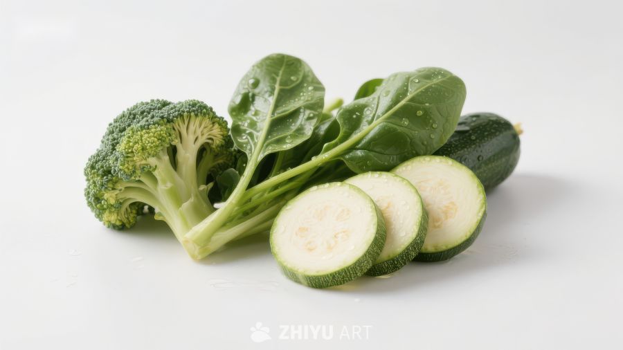 新鲜蔬菜组合：西兰花、菠菜与切片南瓜