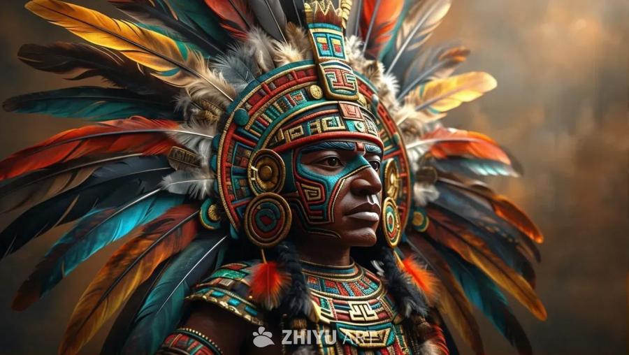 一位人物身着逼真的阿兹特克羽毛工艺品服装。该人物佩