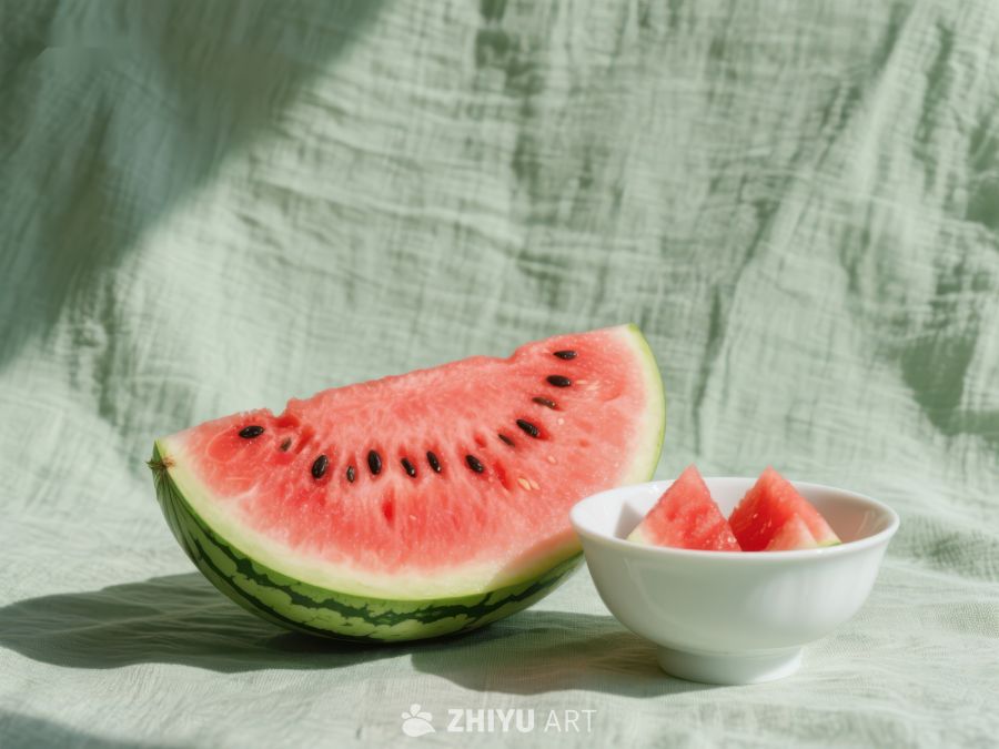 西瓜切片与碗装小块，清新布艺背景 454