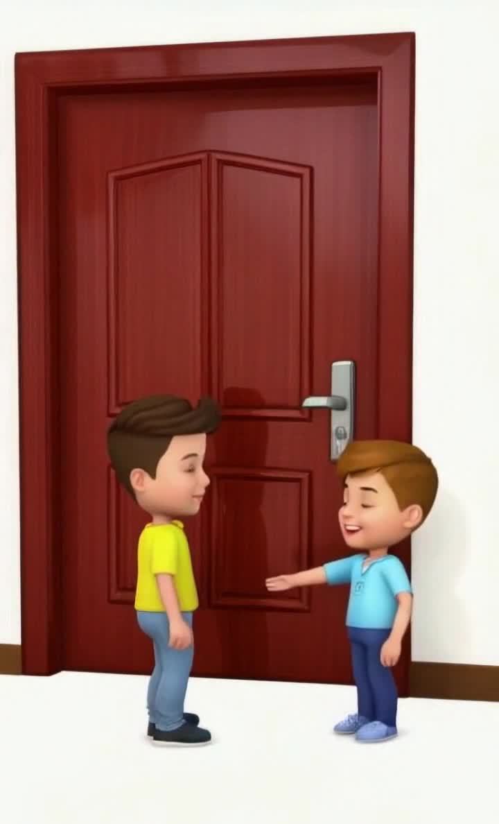 两个卡通男孩在红色门前相互微笑打招呼
