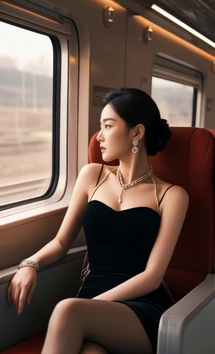 黑色吊带裙美女火车观景，戴首饰，红座椅。