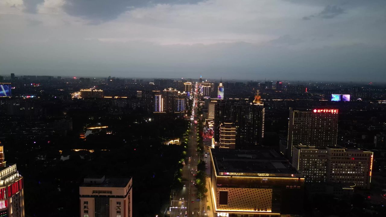航拍淄博城市夜景柳泉路