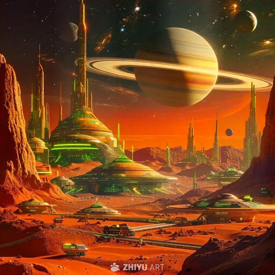 火星地貌的红色星球上，点缀着未来主义的城市景观。建