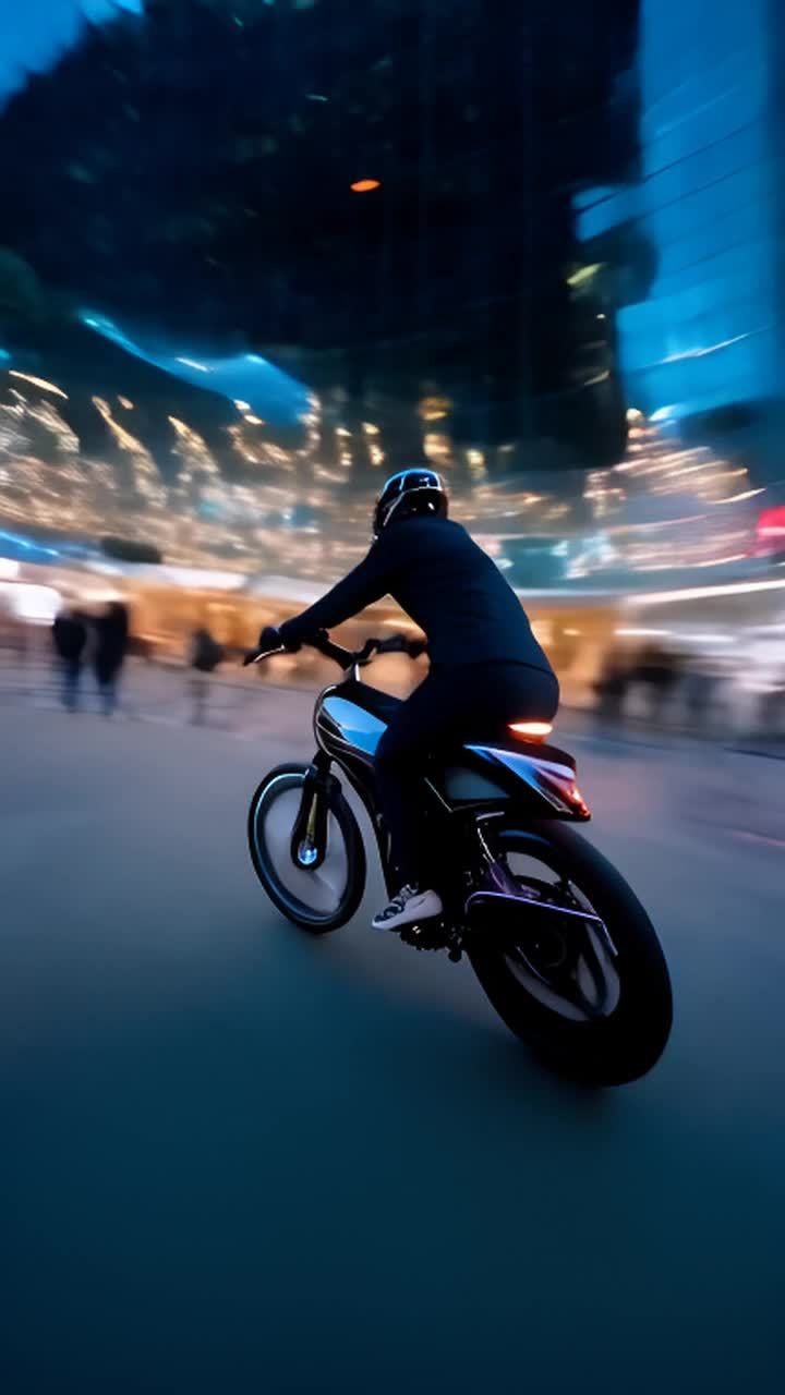 一辆光滑的电动自行车行驶在现代城市中，车轮快速旋转