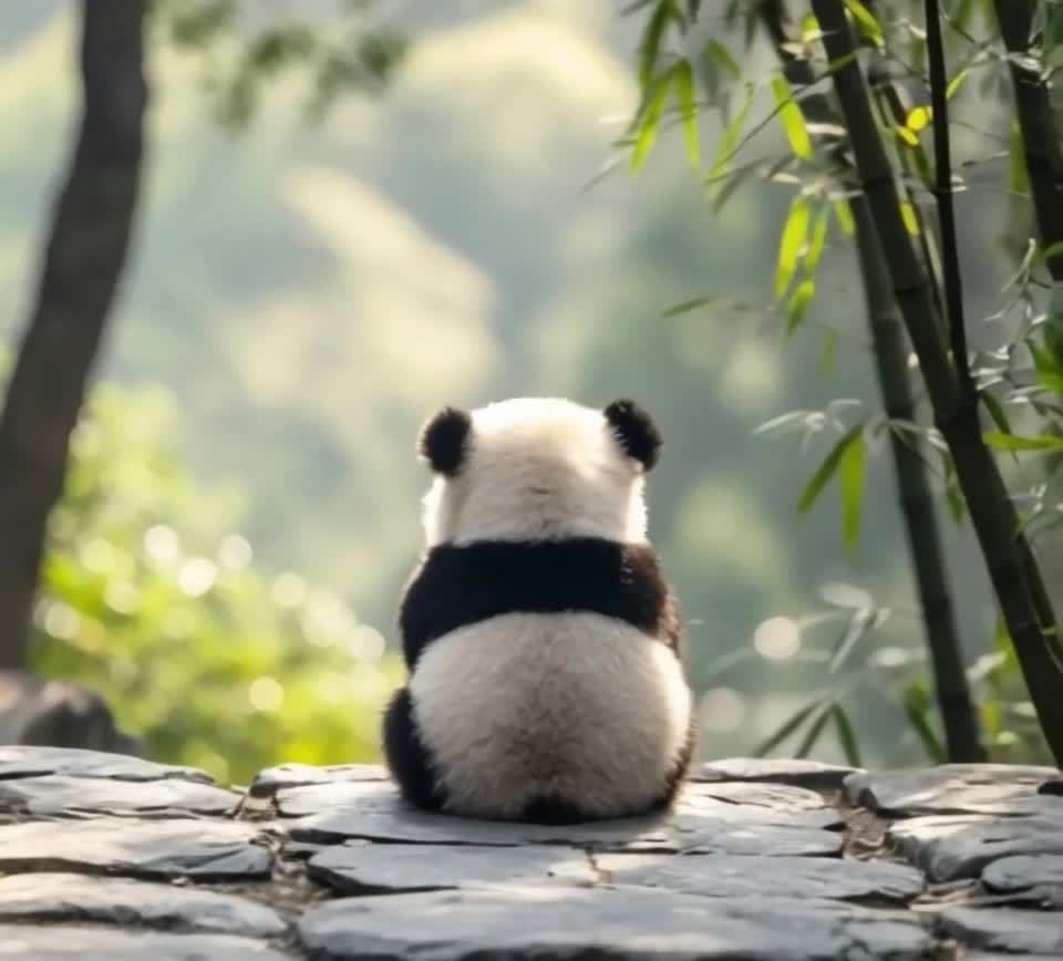 一只熊猫幼崽背对着镜头，坐在石板地面上。熊猫的毛色