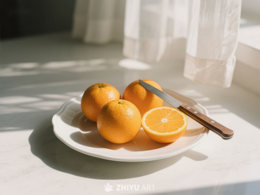 阳光下的橙子与刀具 665