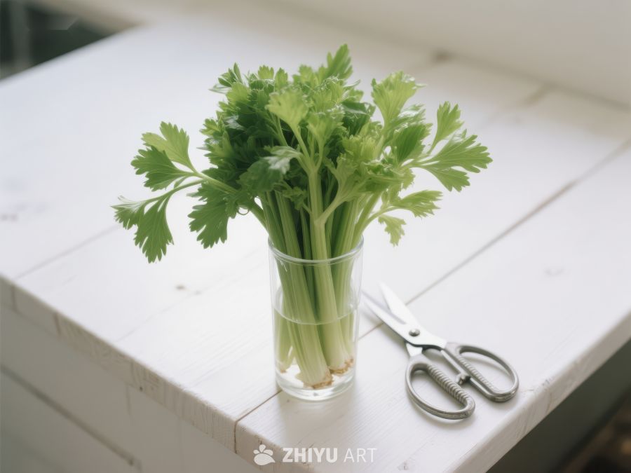 新鲜芹菜置于玻璃杯中，旁配剪刀 489