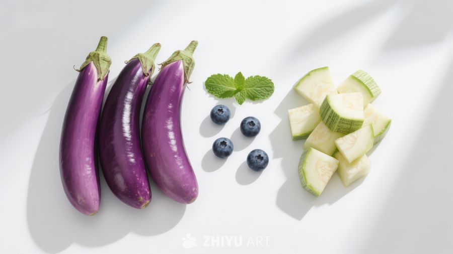 茄子蓝莓与瓜块静物摆拍
