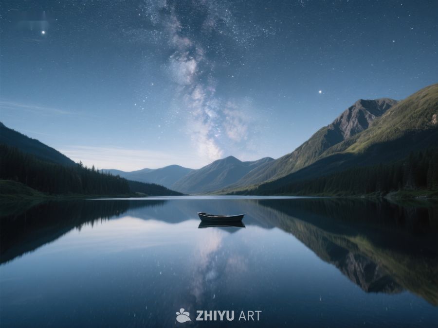 星河下的静谧湖面与独舟 140