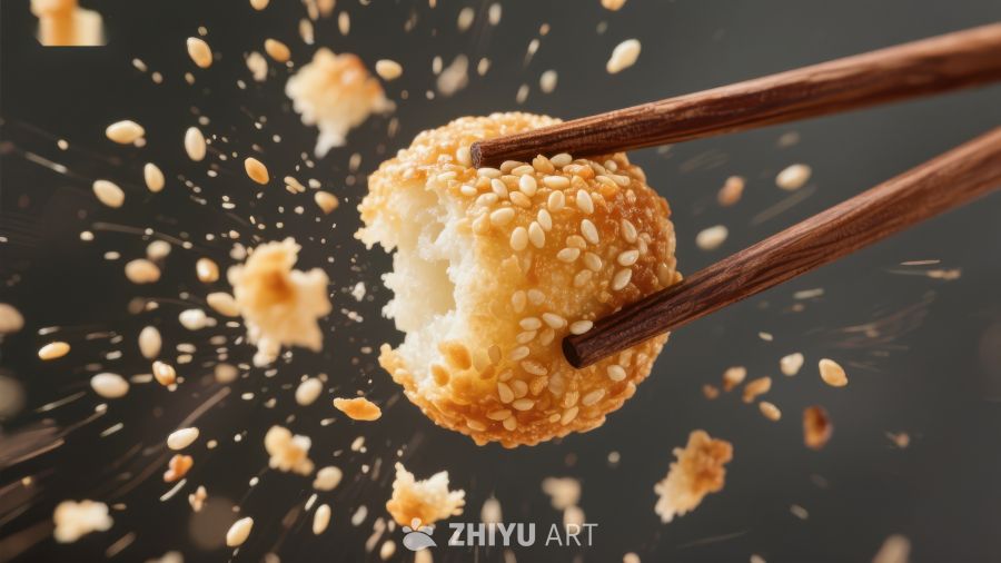 筷子夹起芝麻球，瞬间爆裂