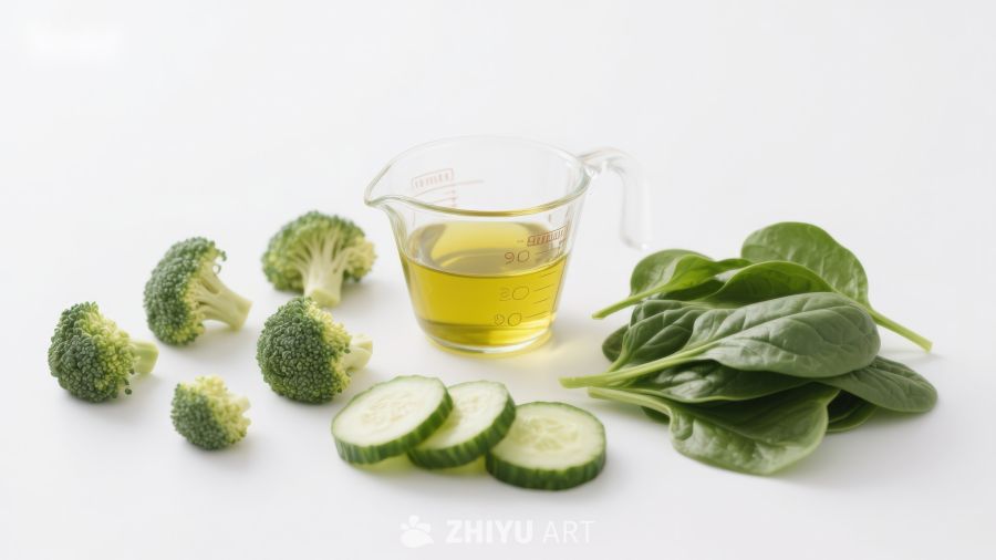 新鲜蔬菜与食用油摆拍