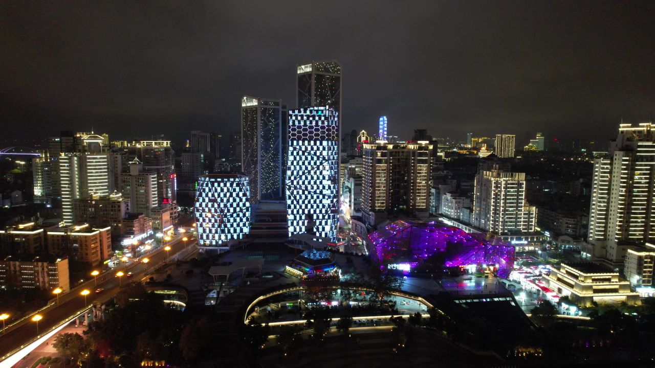 广西柳州市中心夜景灯光航拍 