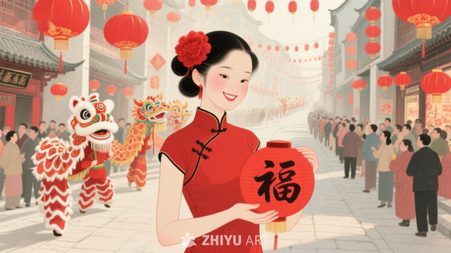 女子手持红灯笼，街头舞龙迎新春 742