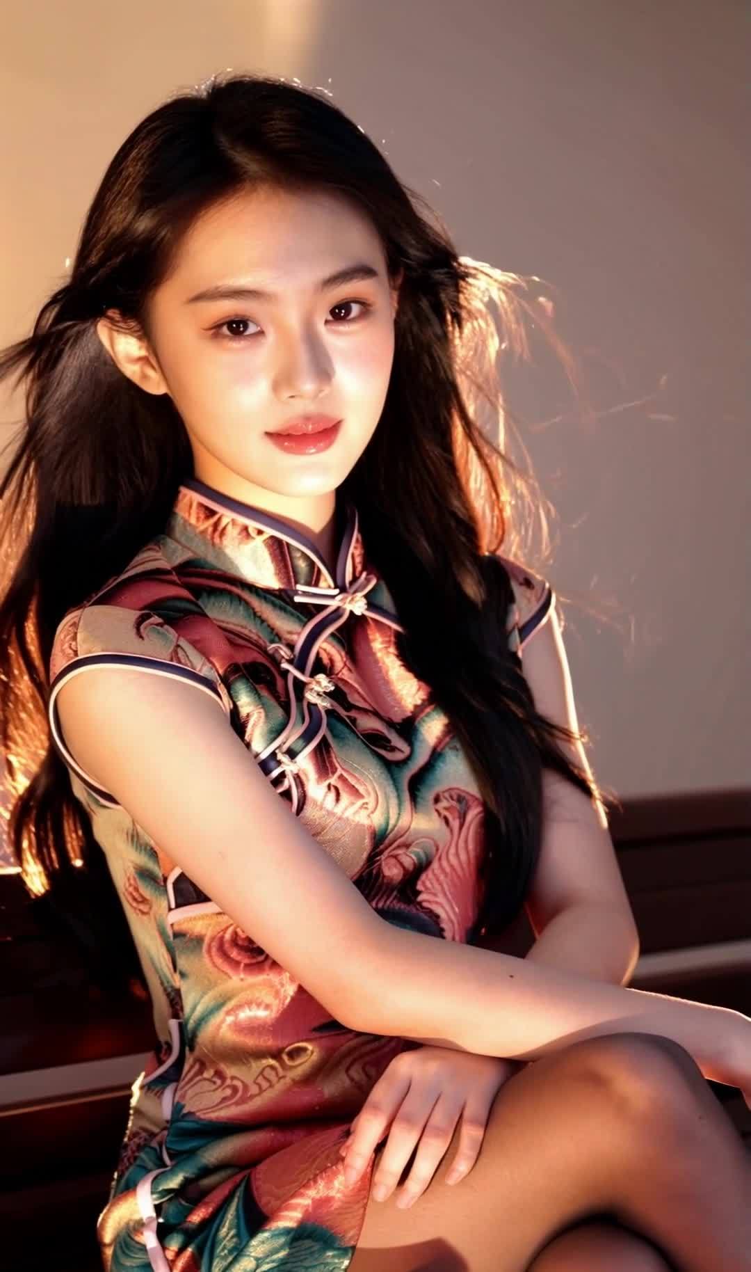 一位二十多岁的中国女性，身着一件色彩鲜艳、设计精致