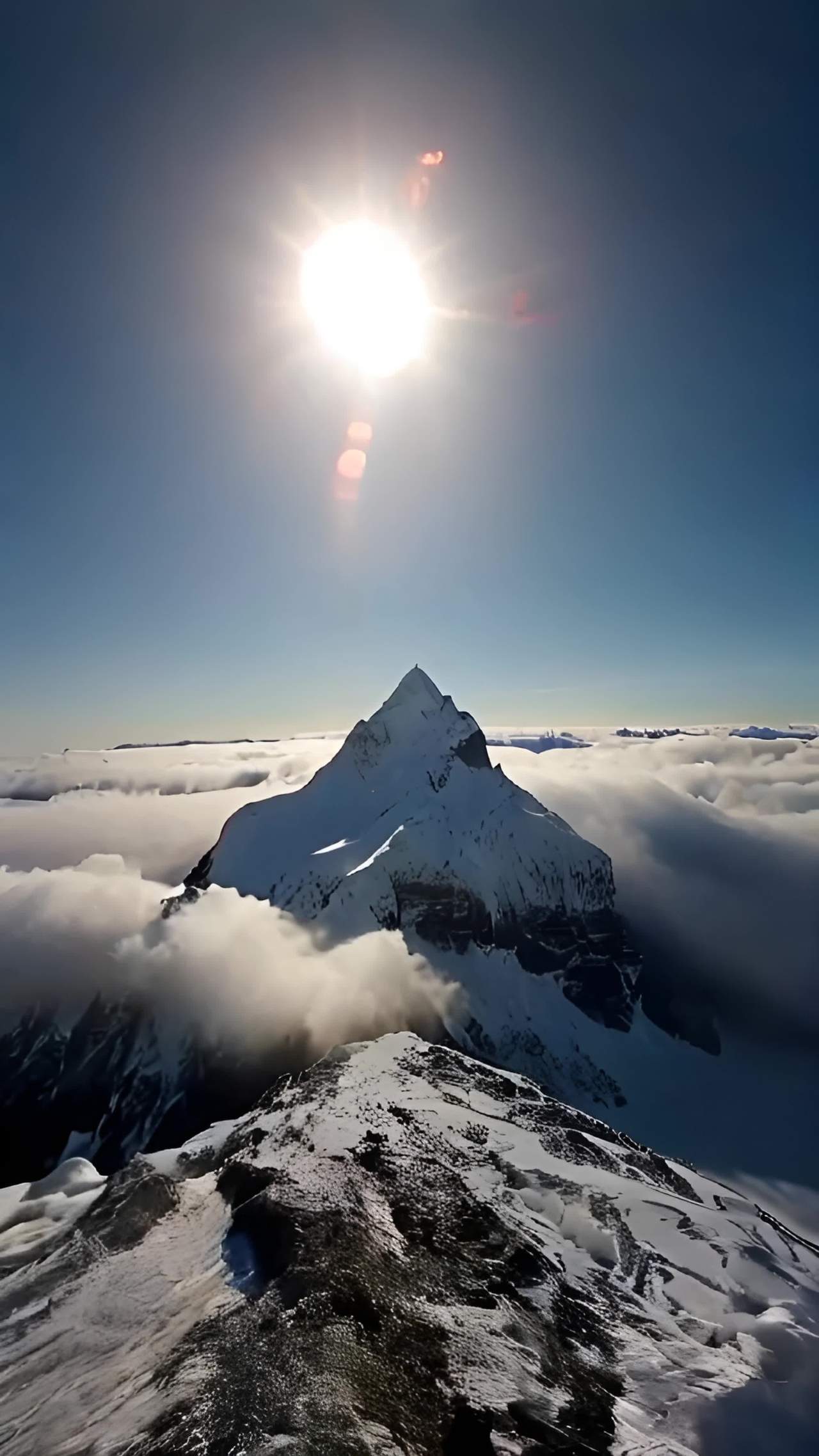 太阳在雪山顶上方的天空中发出耀眼的光芒，山峰被白色