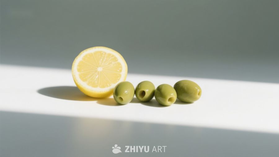 柠檬半切与四颗橄榄的静物组合 210